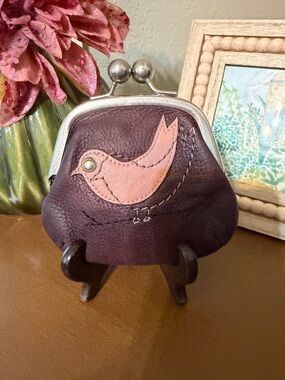Fossil Plum Leather Kiss Lock with Pink Bird Applique